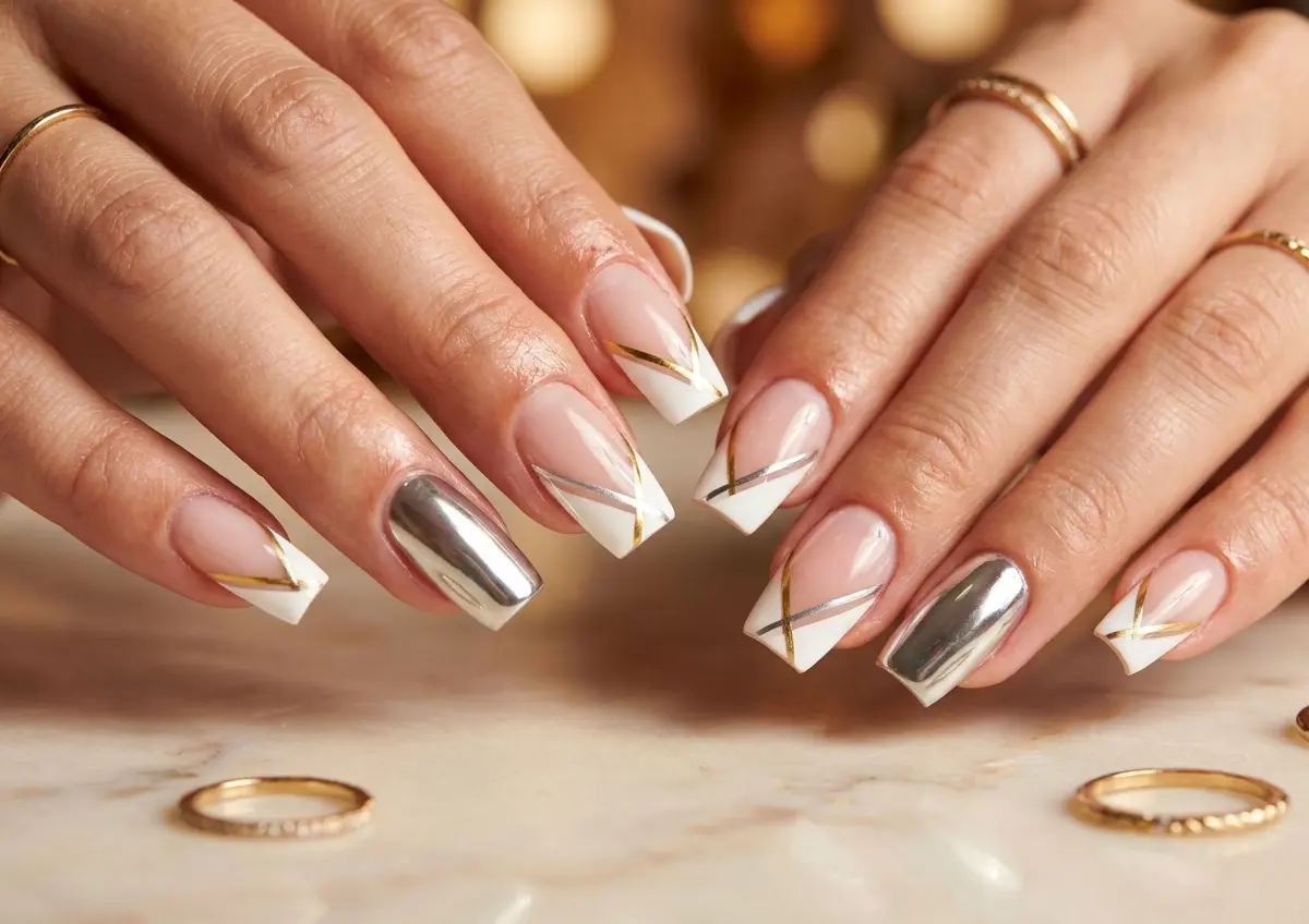 unha de gel bege com dourado