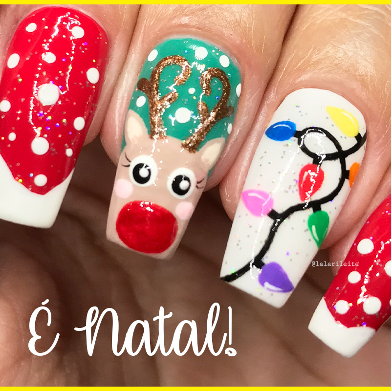 unhas de gel com desenhos de natal