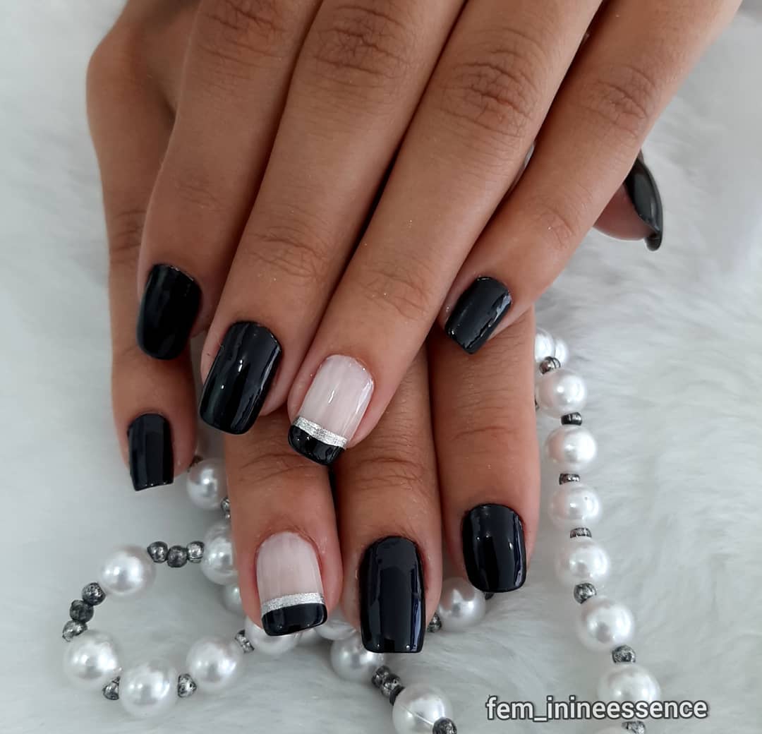unha de gel decorada preta e branca fina