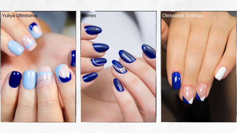 unhas com efeito marmorizado azul