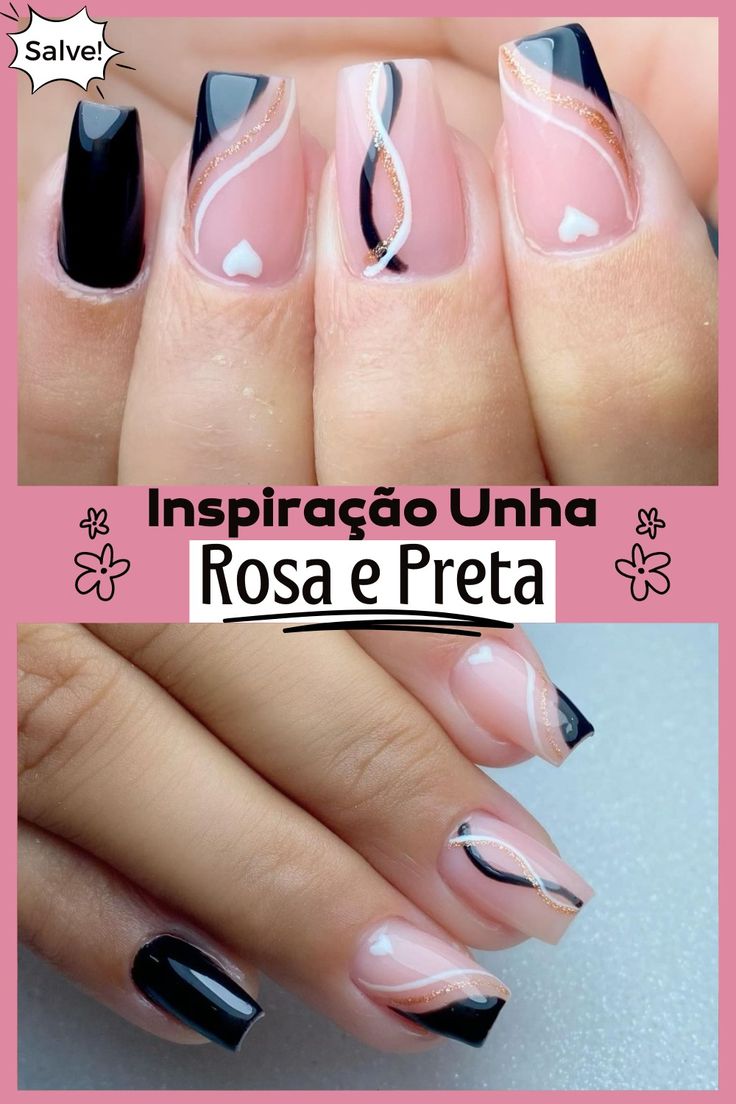 unha rosa com preto francesinha